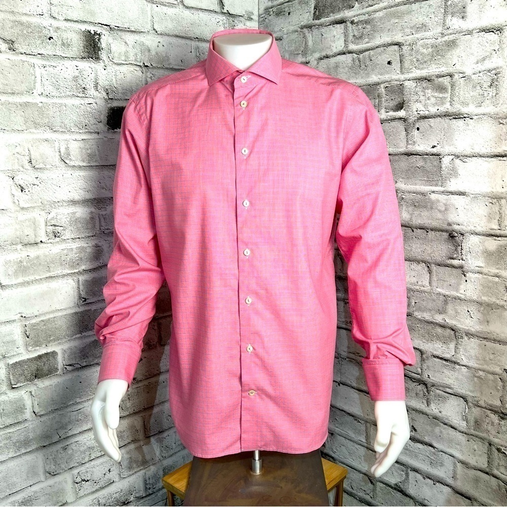 Eton Slim Dress Shirt Mens 44 17.5 Pink Blue Check Preppy Luxury Office